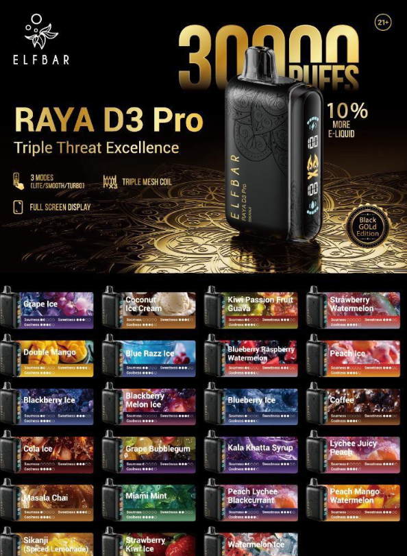 ELFBAR RAYA D3 PRO 30K PUFFS – BLACK GOLD EDITION - Image 3